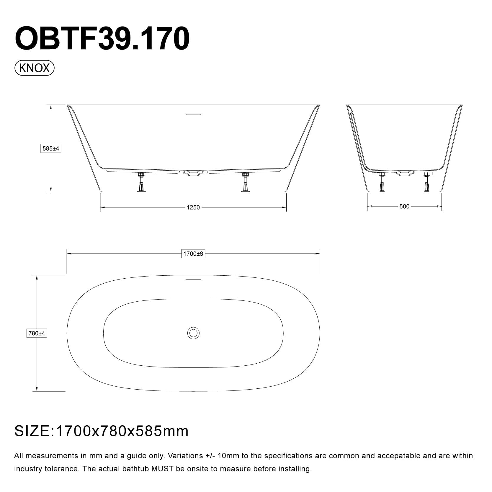 Knox 1700mm Oval Freestanding Bathtub Acrylic Gloss White Baths Arova 