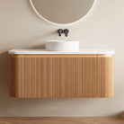 KODI 1200mm Curved Fluted Timber Veneer Wall Hung Bathroom Vanity + Natural Carrara Marble Top Vanities Arova 