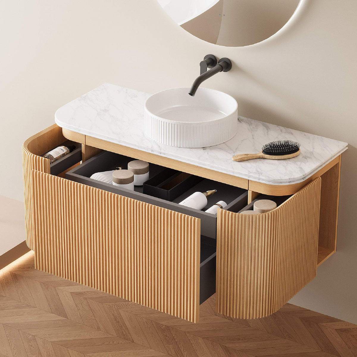KODI 1200mm Curved Fluted Timber Veneer Wall Hung Bathroom Vanity + Top Arova 