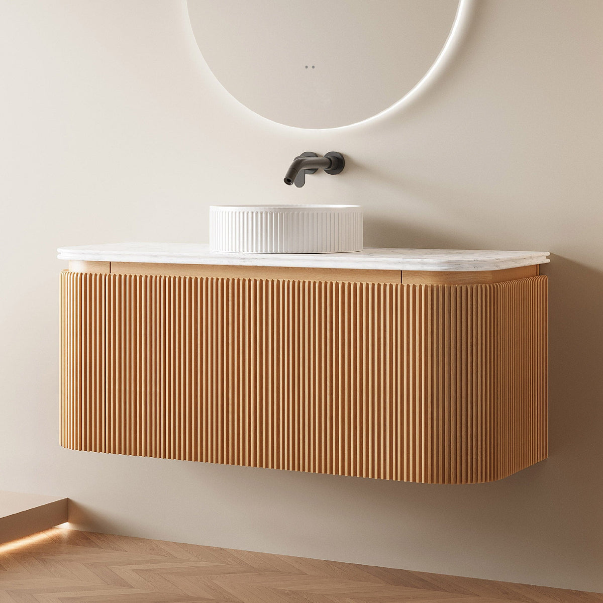 KODI 1200mm Curved Fluted Timber Veneer Wall Hung Bathroom Vanity + Top Arova 