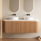 KODI 1500mm Curved Fluted Timber Veneer Wall Hung Bathroom Vanity + Natural Carrara Marble Top Vanities Arova 