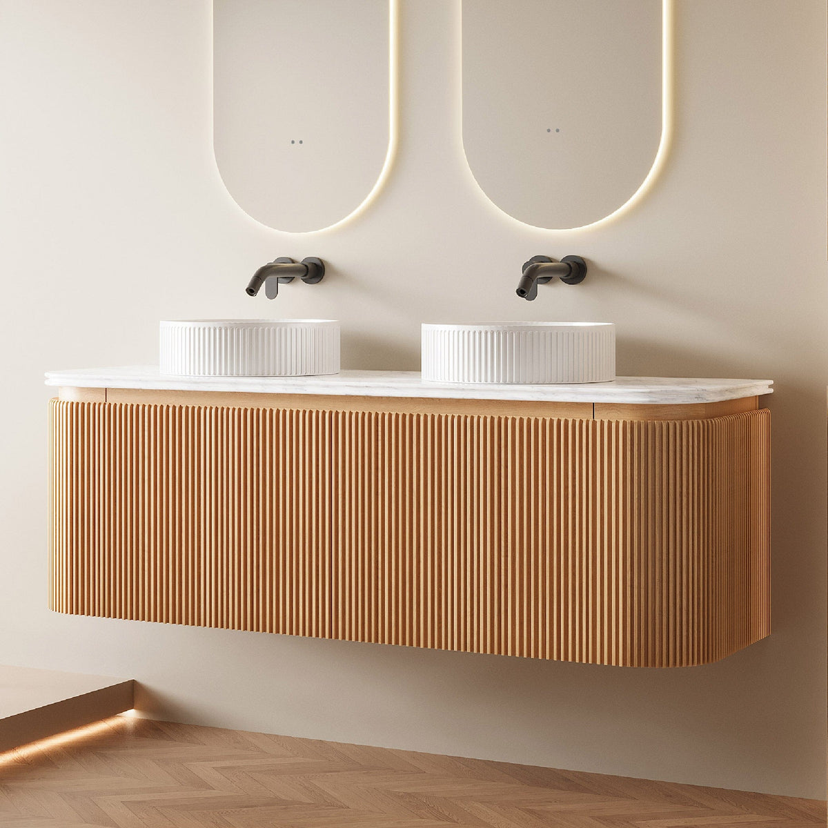 KODI 1500mm Curved Fluted Timber Veneer Wall Hung Bathroom Vanity + Top Arova 