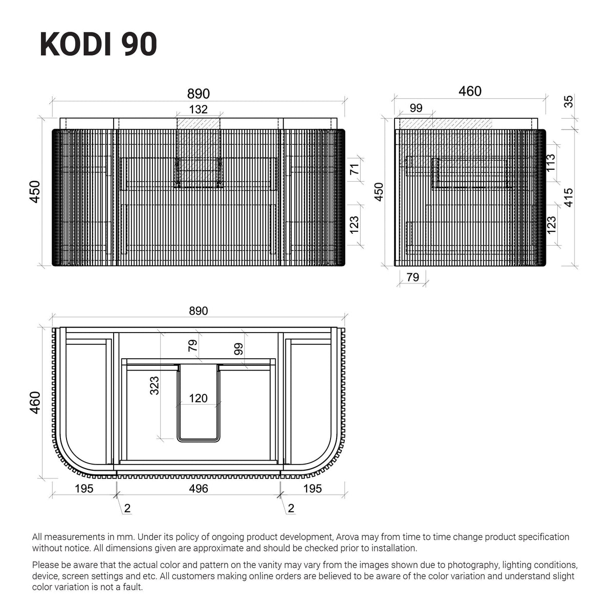 KODI 900mm Curved Fluted Timber Veneer Wall Hung Bathroom Vanity + Luxe Stone Top Vanities Arova 