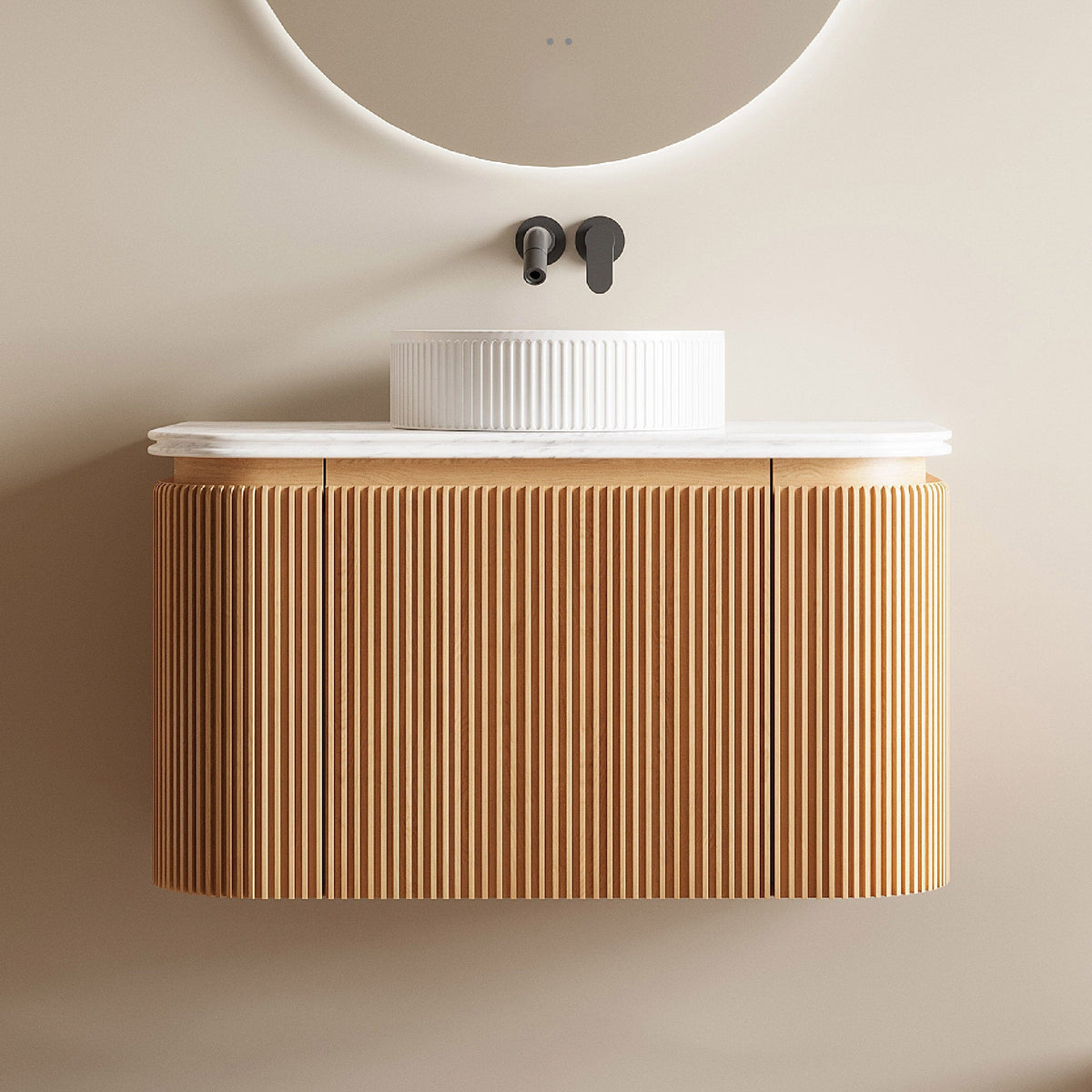 KODI 900mm Curved Fluted Timber Veneer Wall Hung Bathroom Vanity + Luxe Stone Top Vanities Arova 