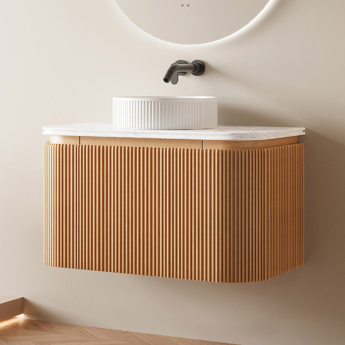 KODI 900mm Curved Fluted Timber Veneer Wall Hung Bathroom Vanity + Natural Carrara Marble Top Vanities Arova 
