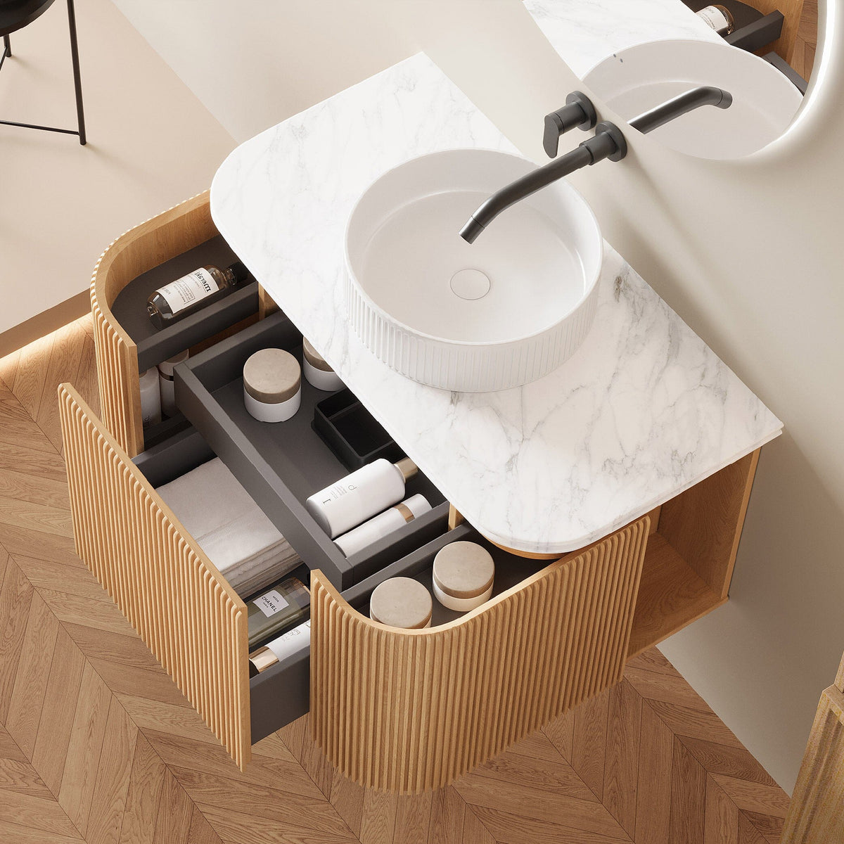 KODI 900mm Curved Fluted Timber Veneer Wall Hung Bathroom Vanity Vanities Arova 