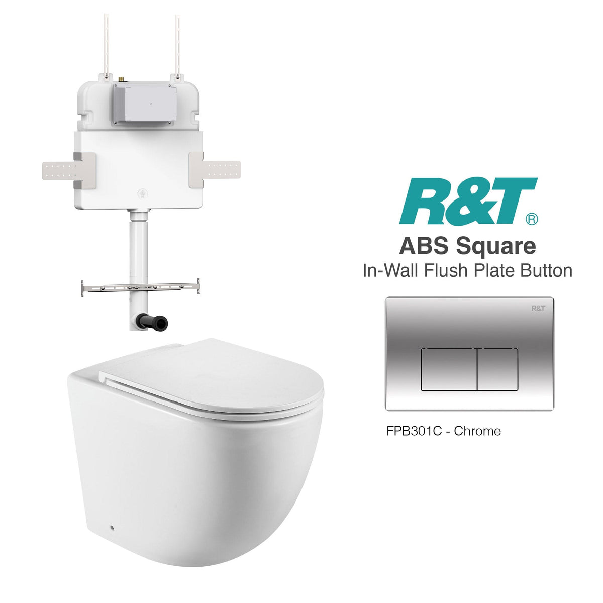 Max 57 Rimless Tornado Toilet Package - R&T Cistern & ABS Square Button Arova Max57 CST002 – Upgraded Reinforced R&T In-Wall Toilet Cistern Chrome