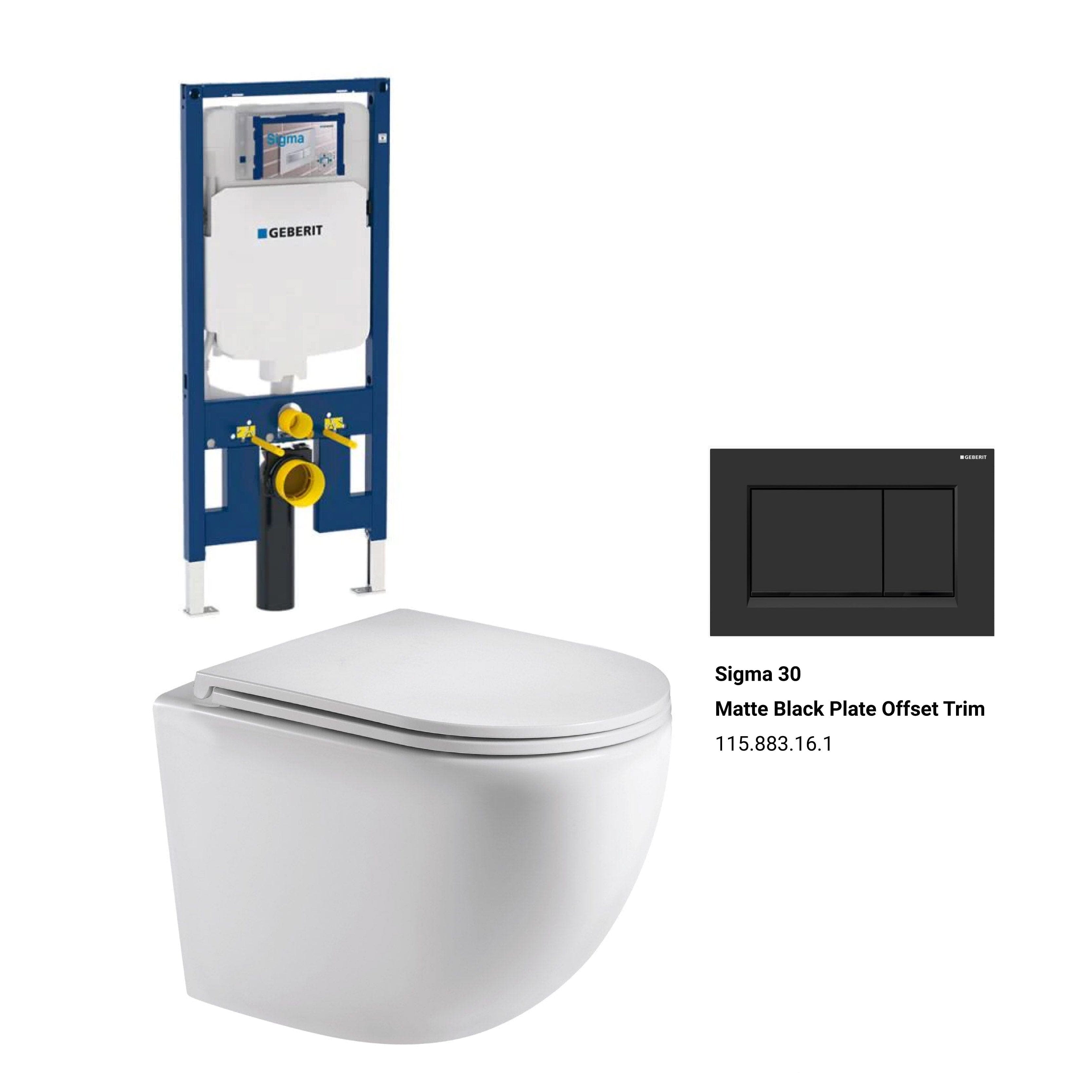 Max49 Rimless Tornado Wall Hung Toilet Package - Geberit Sigma 8 Duofix In Wall Cistern & Square Button Toilets Arova Geberit Sigma 8 Duofix In Wall Cistern and Frame - 111.698.00.1 Sigma 30 Matte Black Plate Offset Trim-115.883.16.1