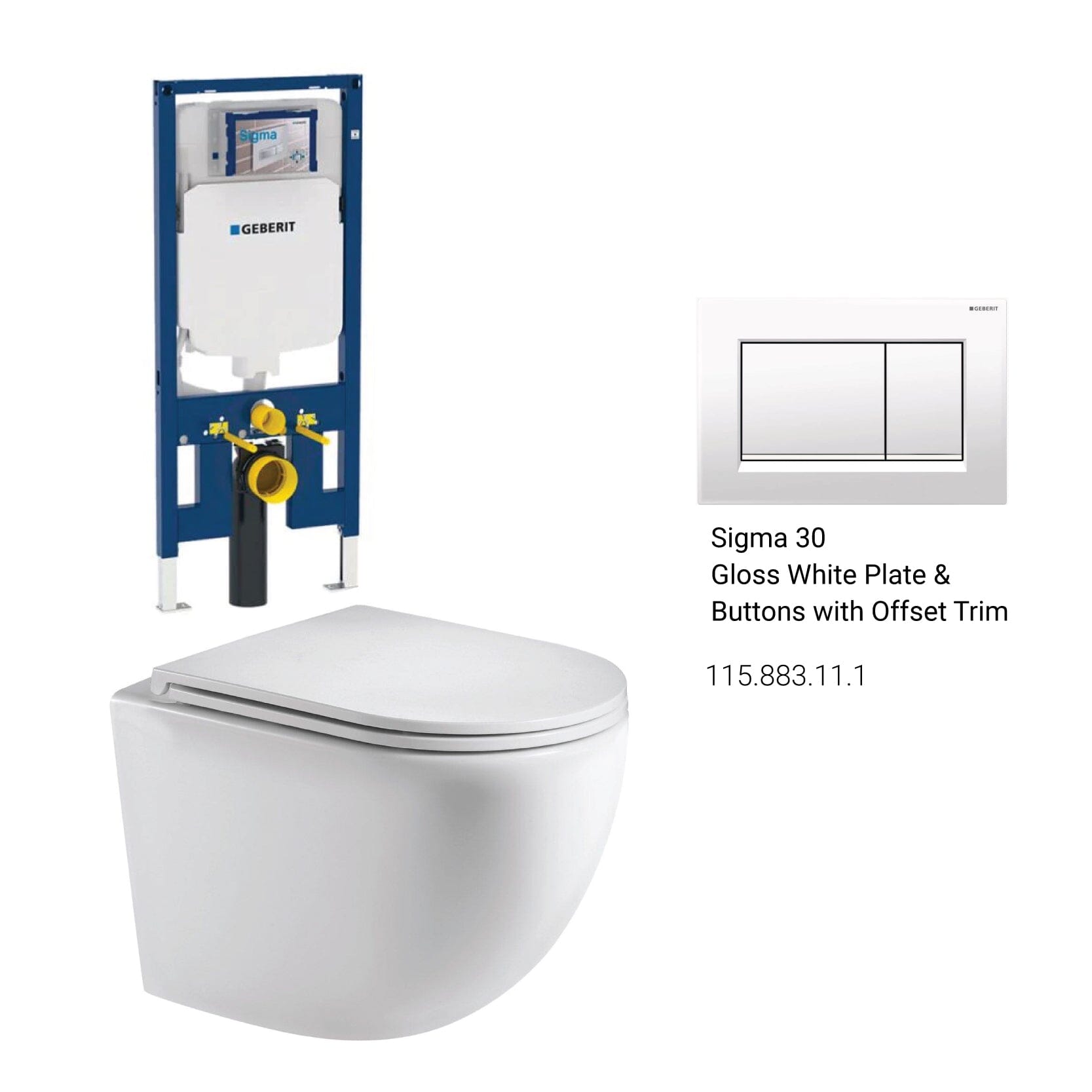 Max49 Rimless Tornado Wall Hung Toilet Package - Geberit Sigma 8 Duofix In Wall Cistern & Square Button Toilets Arova Gloss white plate & buttons with offset trim