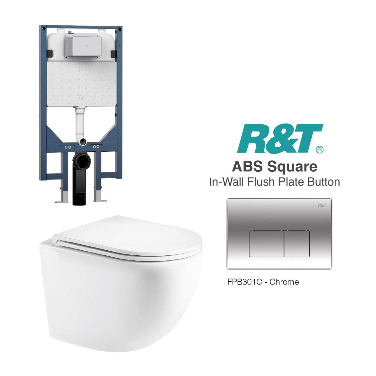 Max49 Rimless Tornado Wall Hung Toilet Package - R&T Cistern & ABS Square Button Arova Max49 Wall Hung Toilet Pan CST003 - R&T In Wall Toilet Cistern Chrome