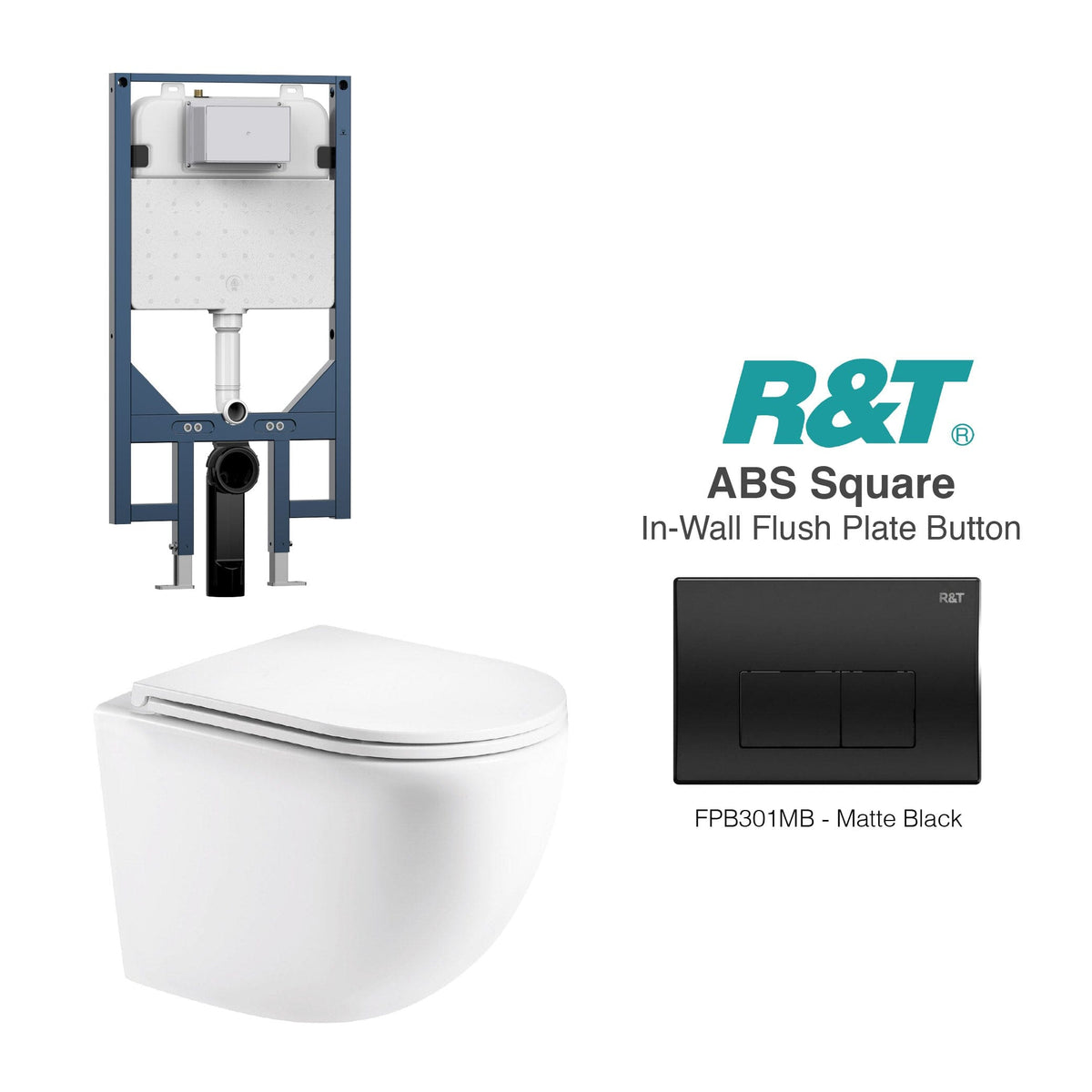 Max49 Rimless Tornado Wall Hung Toilet Package - R&T Cistern & ABS Square Button Arova Max49 Wall Hung Toilet Pan CST003 - R&T In Wall Toilet Cistern Matte Black