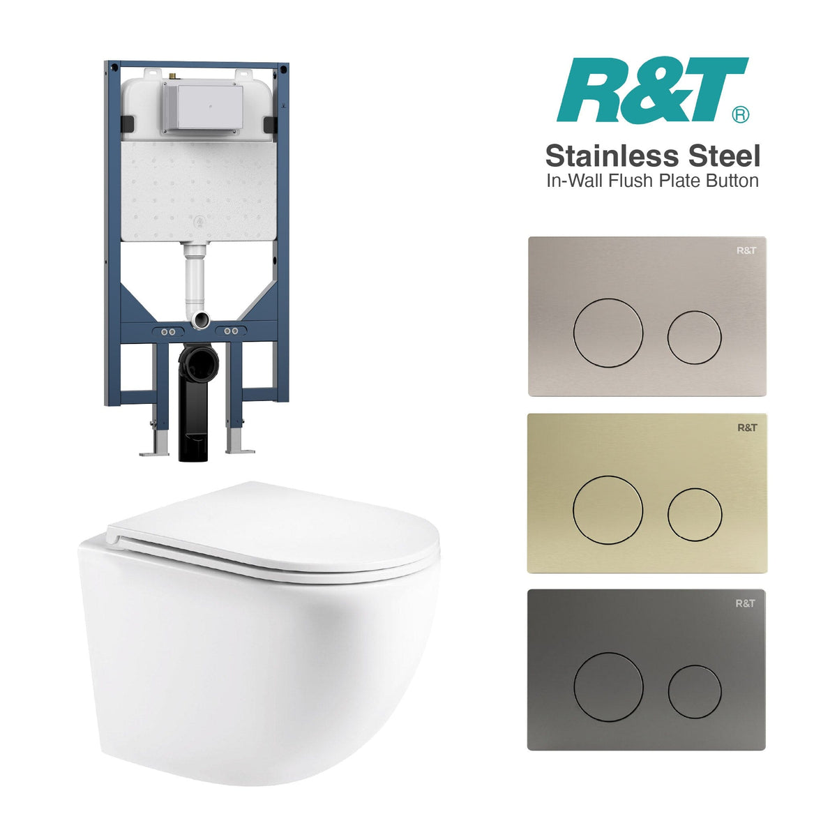 Max49 Rimless Tornado Wall Hung Toilet Package - R&T Cistern & Stainless Steel Button Arova 