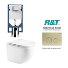 Max49 Rimless Tornado Wall Hung Toilet Package - R&T Cistern & Stainless Steel Button Arova Max49 Wall Hung Toilet Pan CST003 - R&T In Wall Toilet Cistern Brushed Gold
