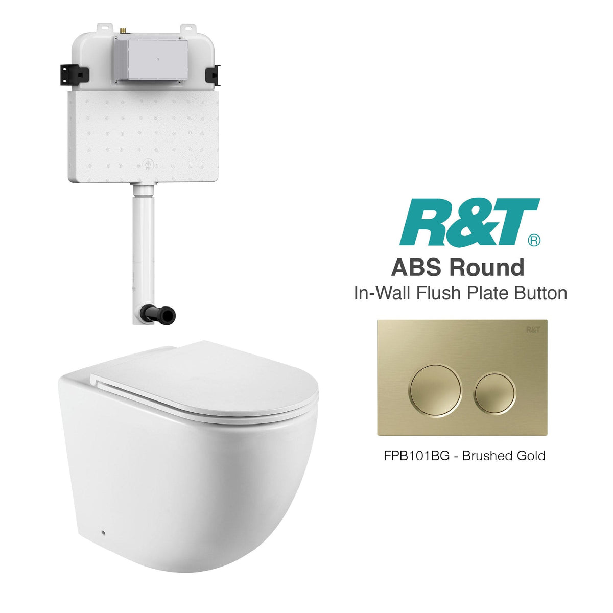 Max57 Rimless Tornado Toilet Package - R&T Cistern & ABS Round Button Arova Max57 CST001 - R&T In Wall Toilet Cistern Brushed Gold