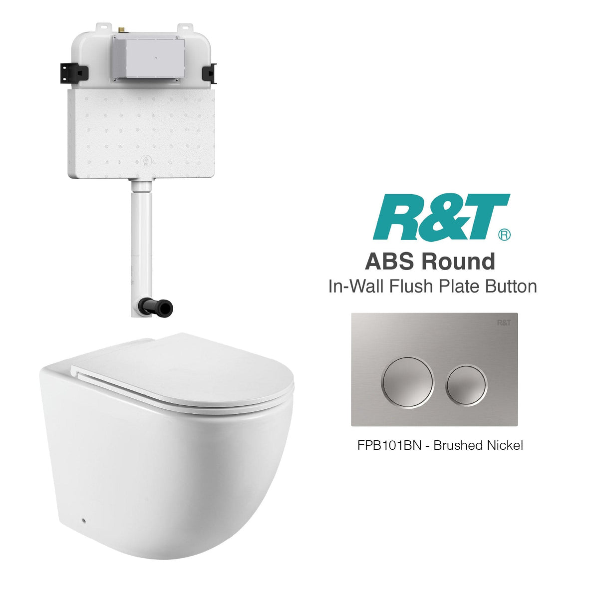 Max57 Rimless Tornado Toilet Package - R&T Cistern & ABS Round Button Arova Max57 CST001 - R&T In Wall Toilet Cistern Brushed Nickel