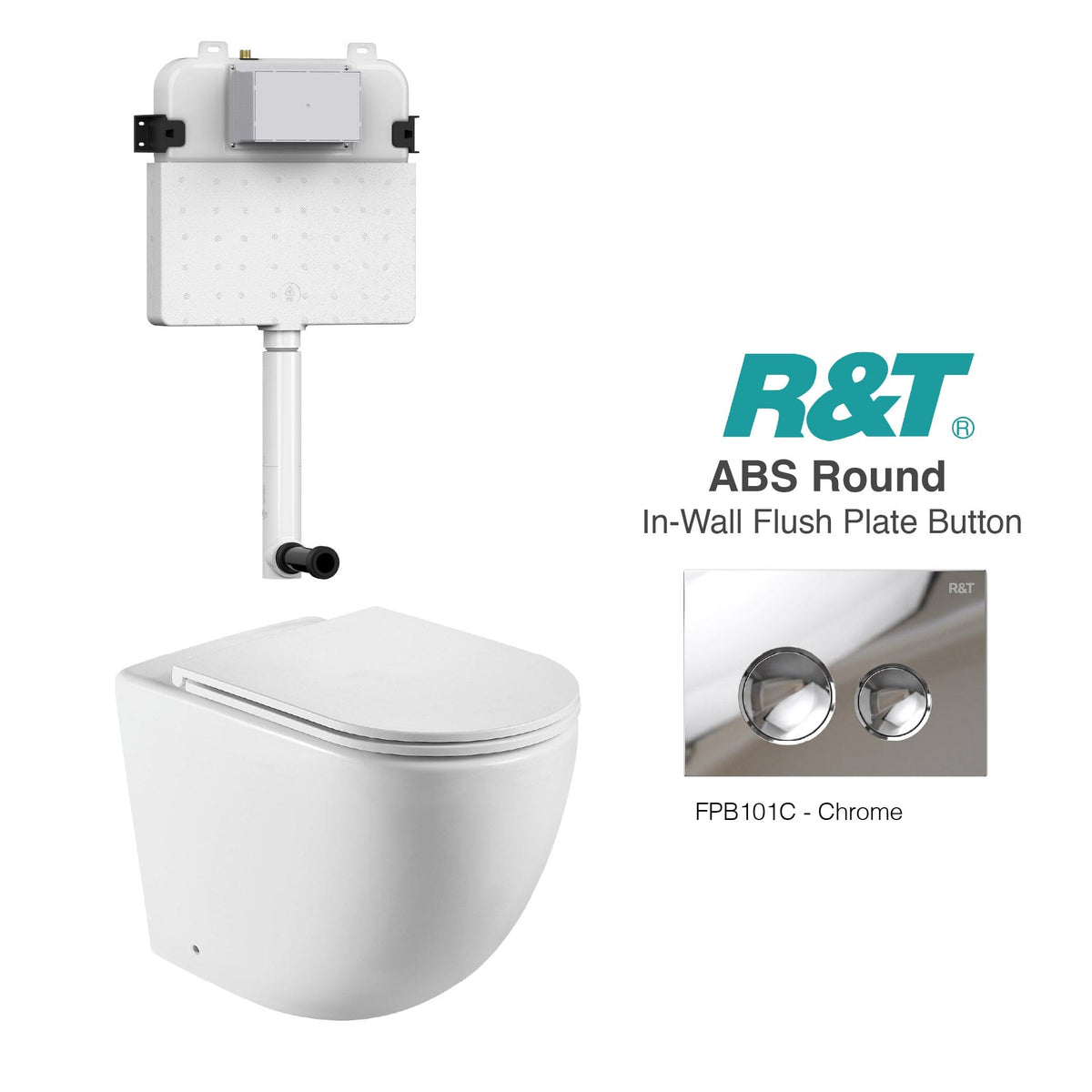 Max57 Rimless Tornado Toilet Package - R&T Cistern & ABS Round Button Arova Max57 CST001 - R&T In Wall Toilet Cistern Chrome