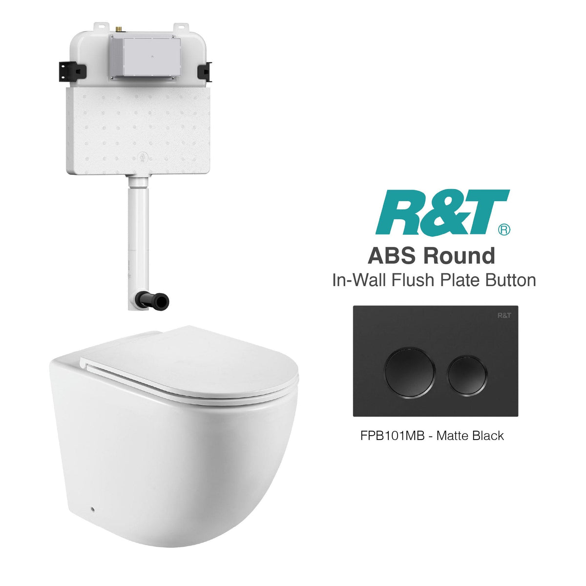 Max57 Rimless Tornado Toilet Package - R&T Cistern & ABS Round Button Arova Max57 CST001 - R&T In Wall Toilet Cistern Matte Black