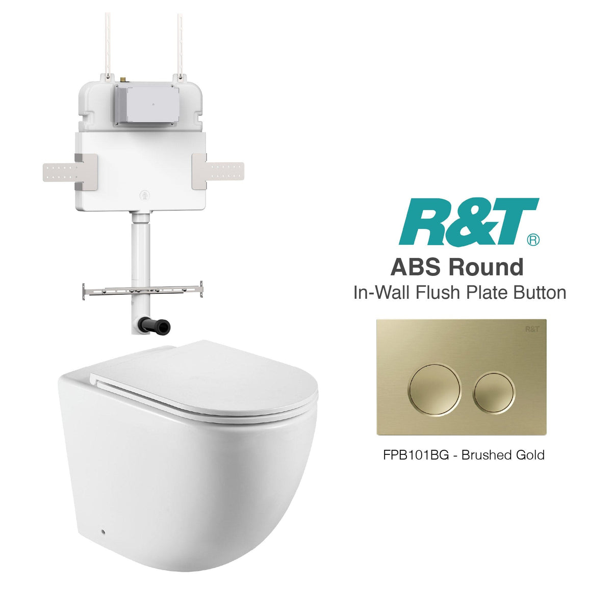 Max57 Rimless Tornado Toilet Package - R&T Cistern & ABS Round Button Arova Max57 CST002 – Upgraded Reinforced R&T In-Wall Toilet Cistern Brushed Gold