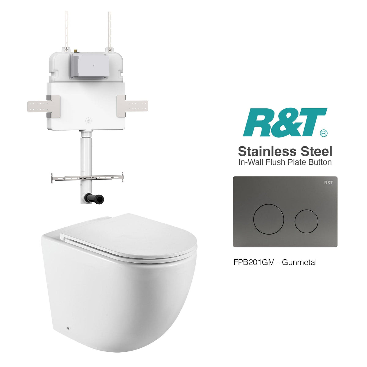 Max57 Rimless Tornado Toilet Package - R&T Cistern & Stainless Steel Button Arova Max57 CST002 – Upgraded Reinforced R&T In-Wall Toilet Cistern Gunmetal