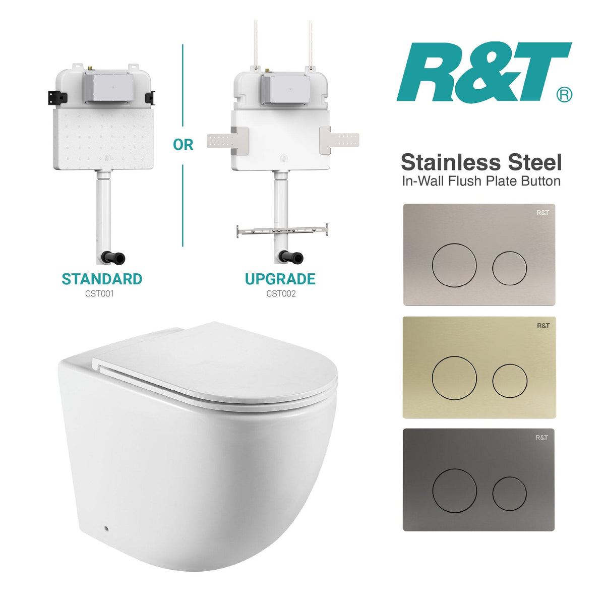 Max57 Rimless Tornado Toilet Package - R&T Cistern & Stainless Steel Button Toilets Arova 