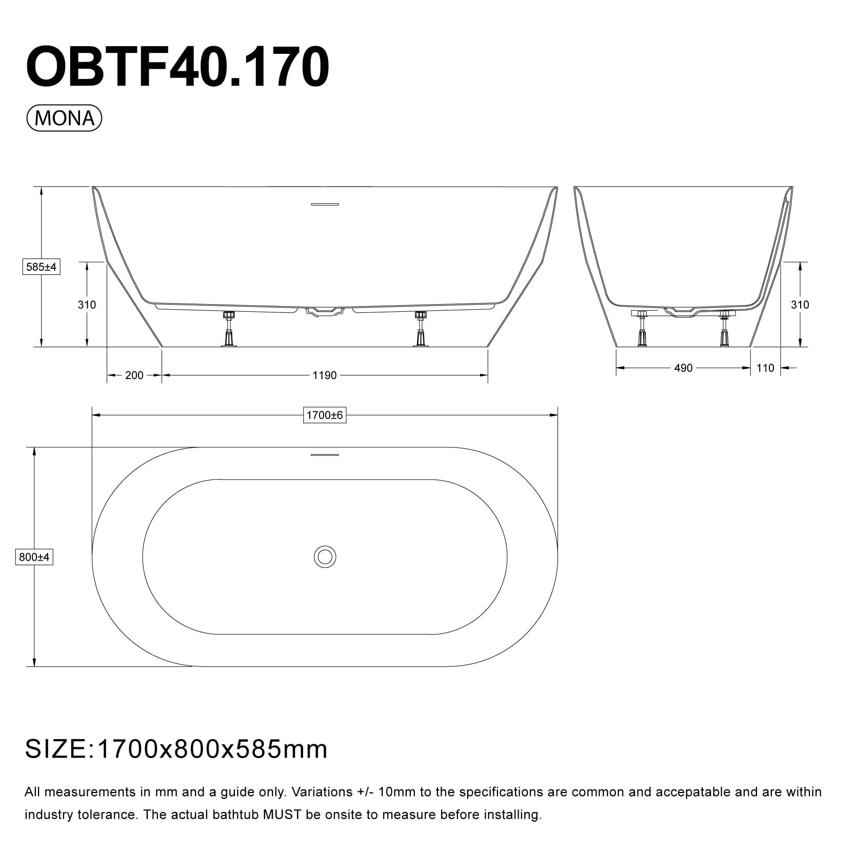 Mona 1700mm Oval Freestanding Bathtub Acrylic Gloss White Baths Arova 