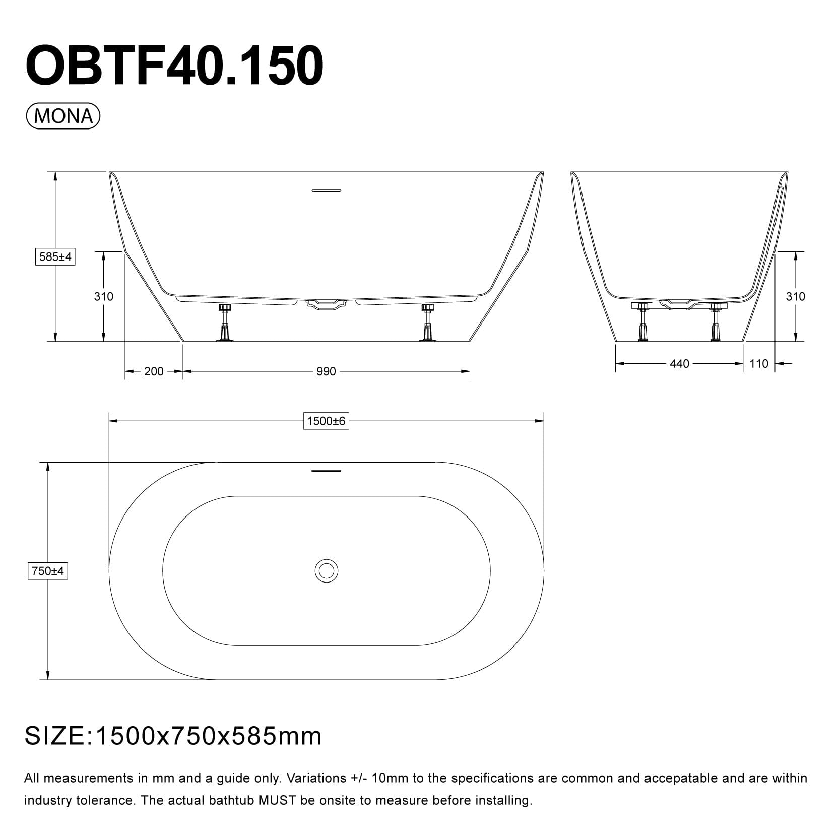 Mona 1700mm Oval Freestanding Bathtub Acrylic Gloss White Baths Arova 
