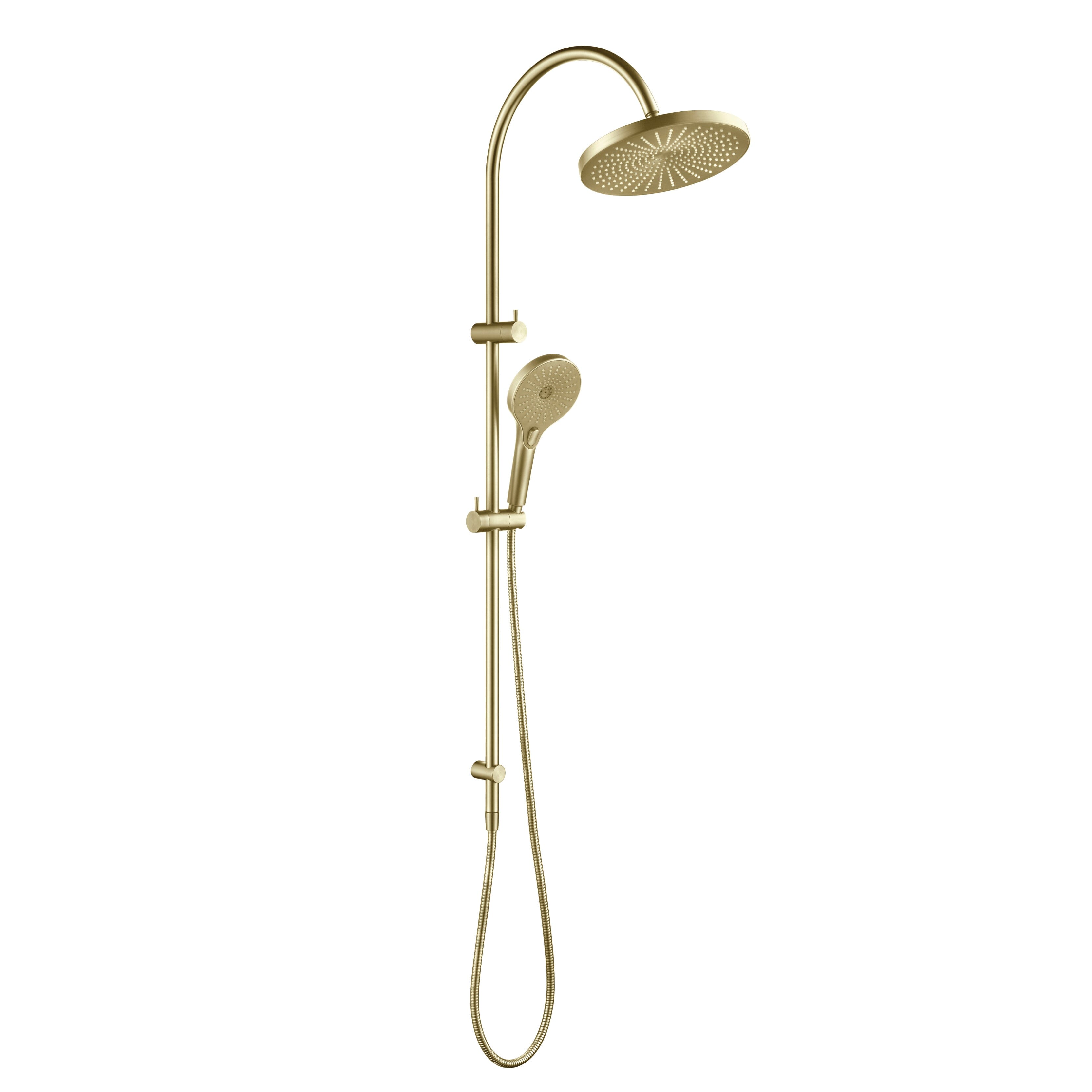 ORIO Round Gooseneck Dual Shower Air Shower Rail Brushed Gold Showers Arova