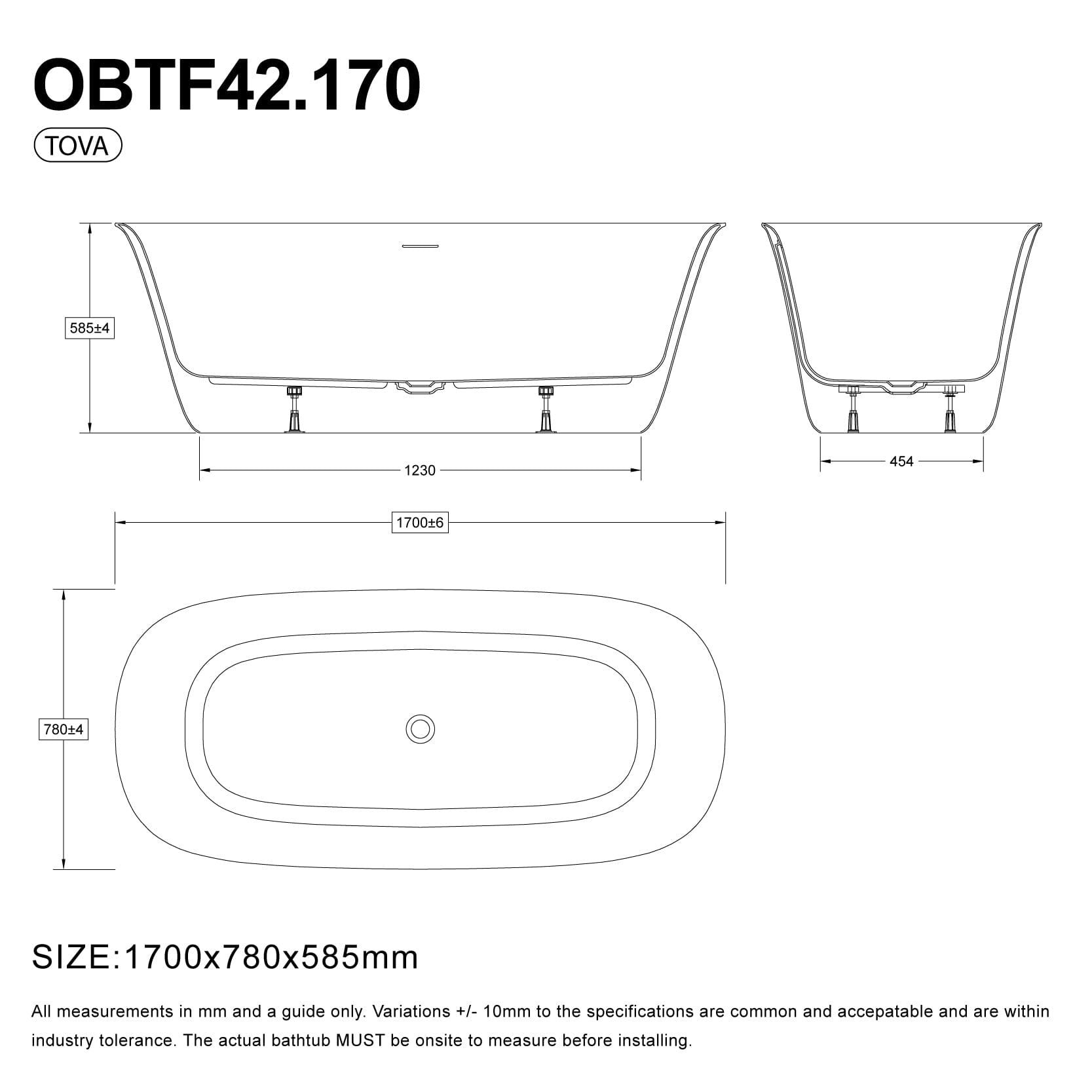 Tova 1700mm Oval Freestanding Acrylic Bathtub Gloss White Baths Arova 