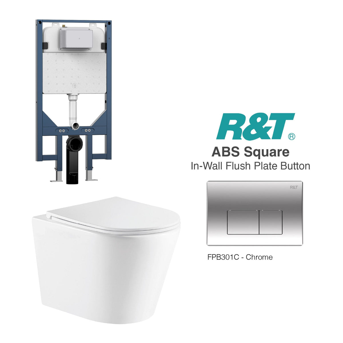 Yara51 Rimless Tornado Wall Hung Toilet Package - R&T Cistern & ABS Square Button Arova Yara51 Wall Hung Toilet Pan CST003 - R&T In Wall Toilet Cistern Chrome