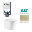 Yara51 Rimless Tornado Wall Hung Toilet Package - R&T Cistern & Stainless Steel Button Arova Yara51 Wall Hung Toilet Pan CST003 - R&T In Wall Toilet Cistern Brushed Gold