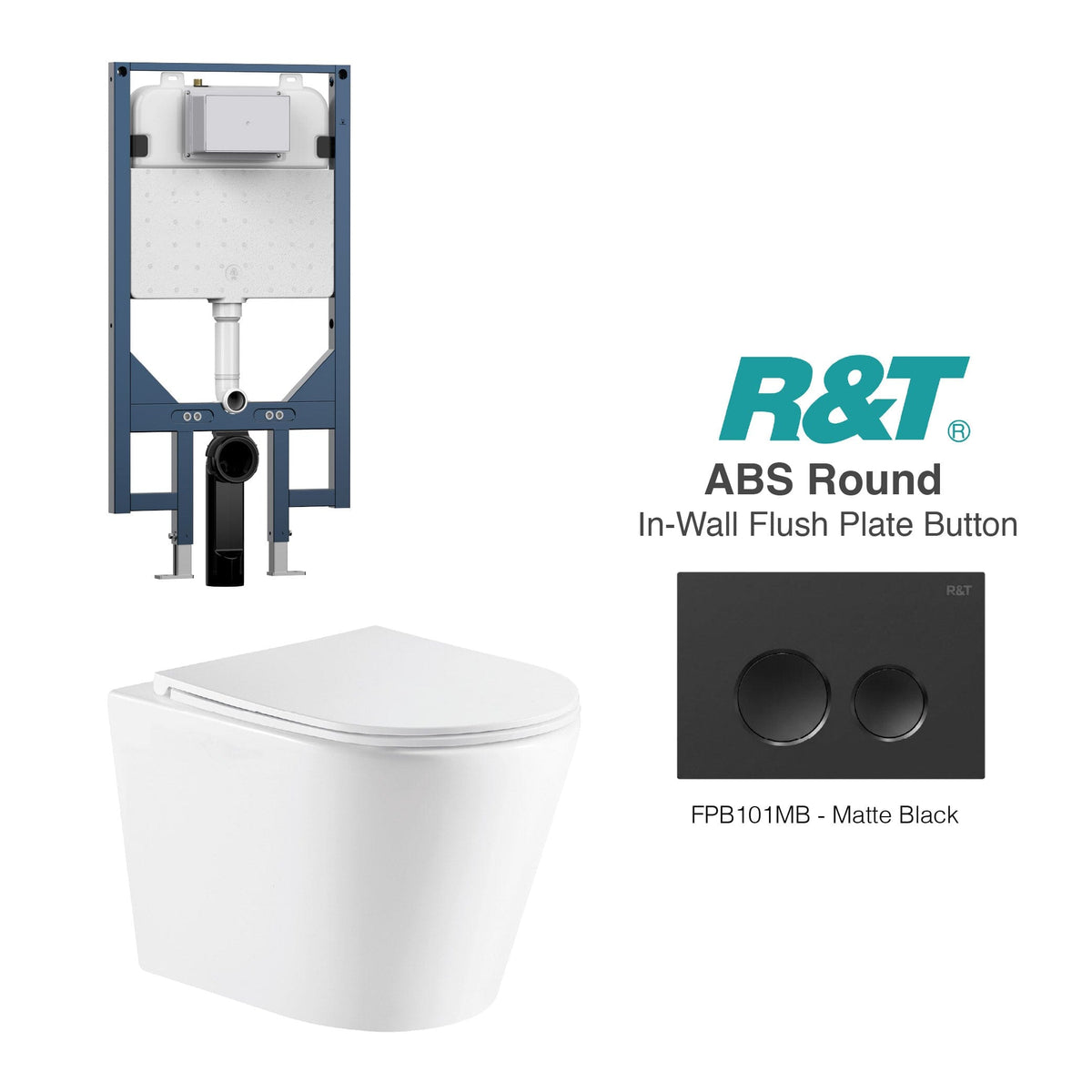 Yara51 Wall Hung Rimless Tornado Toilet Package - R&T Cistern & ABS Round Button Arova Yara51 Wall Hung Toilet Pan CST003 - R&T In Wall Toilet Cistern Matte Black