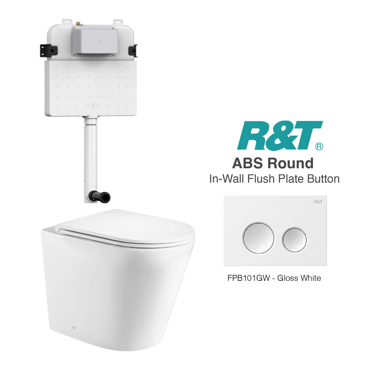 Yara58 Rimless Tornado Toilet Package - R&T Cistern & ABS Round Button Arova Yara58 CST001 - R&T In Wall Toilet Cistern Gloss White