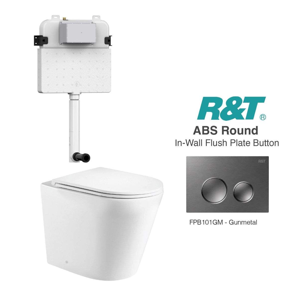 Yara58 Rimless Tornado Toilet Package - R&T Cistern & ABS Round Button Arova Yara58 CST001 - R&T In Wall Toilet Cistern Gunmetal