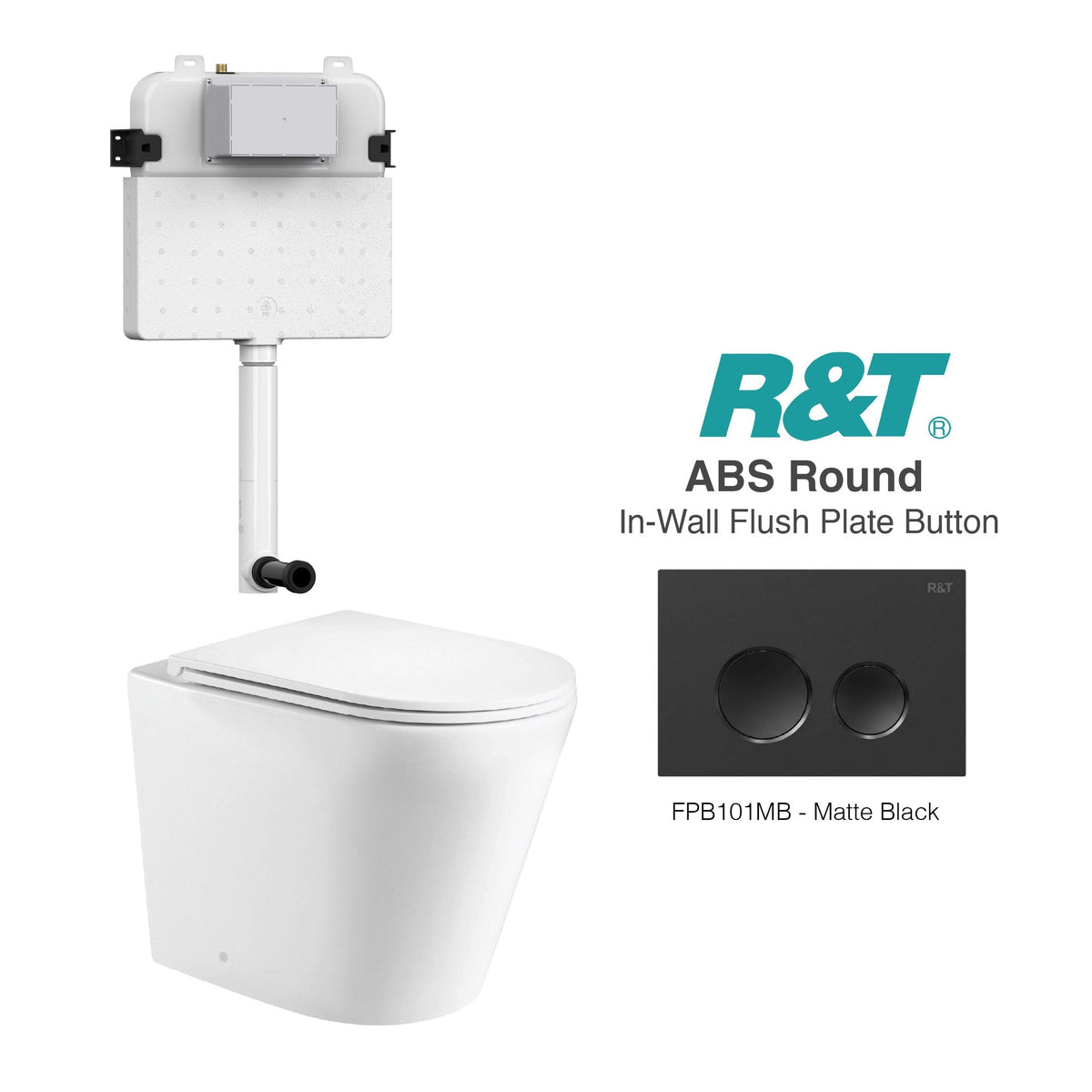 Yara58 Rimless Tornado Toilet Package - R&T Cistern & ABS Round Button Arova Yara58 CST001 - R&T In Wall Toilet Cistern Matte Black