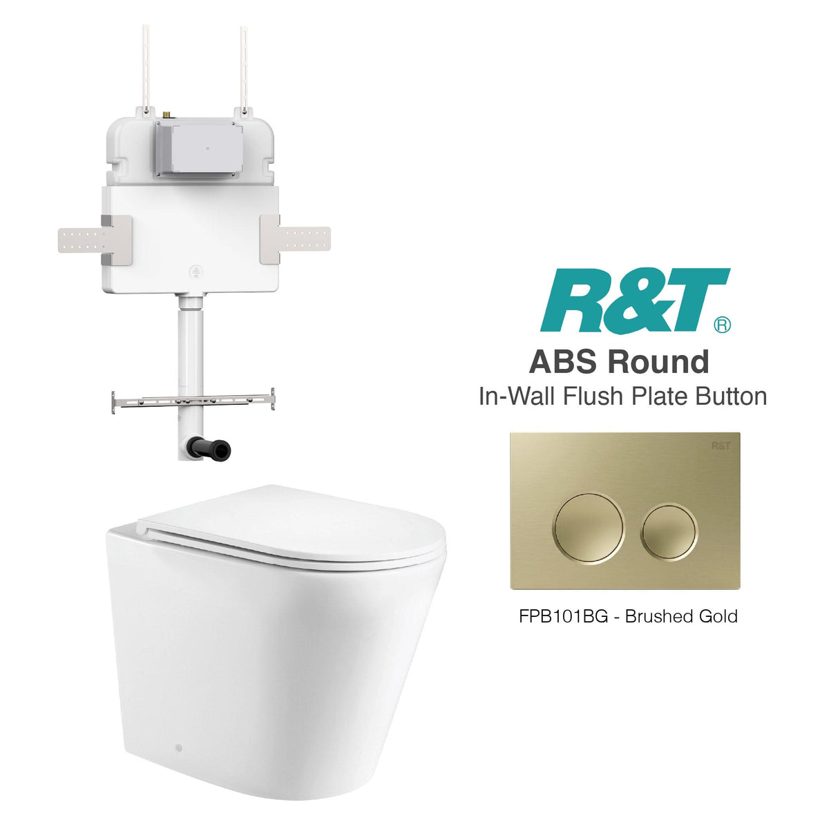 Yara58 Rimless Tornado Toilet Package - R&T Cistern & ABS Round Button Arova Yara58 CST002 – Upgraded Reinforced R&T In-Wall Toilet Cistern Brushed Gold