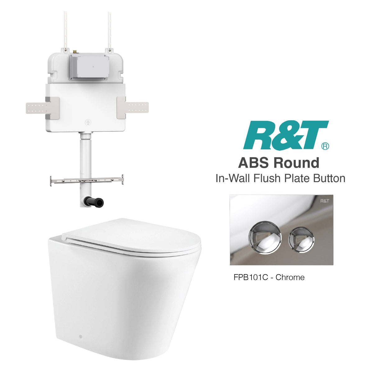 Yara58 Rimless Tornado Toilet Package - R&T Cistern & ABS Round Button Arova Yara58 CST002 – Upgraded Reinforced R&T In-Wall Toilet Cistern Chrome