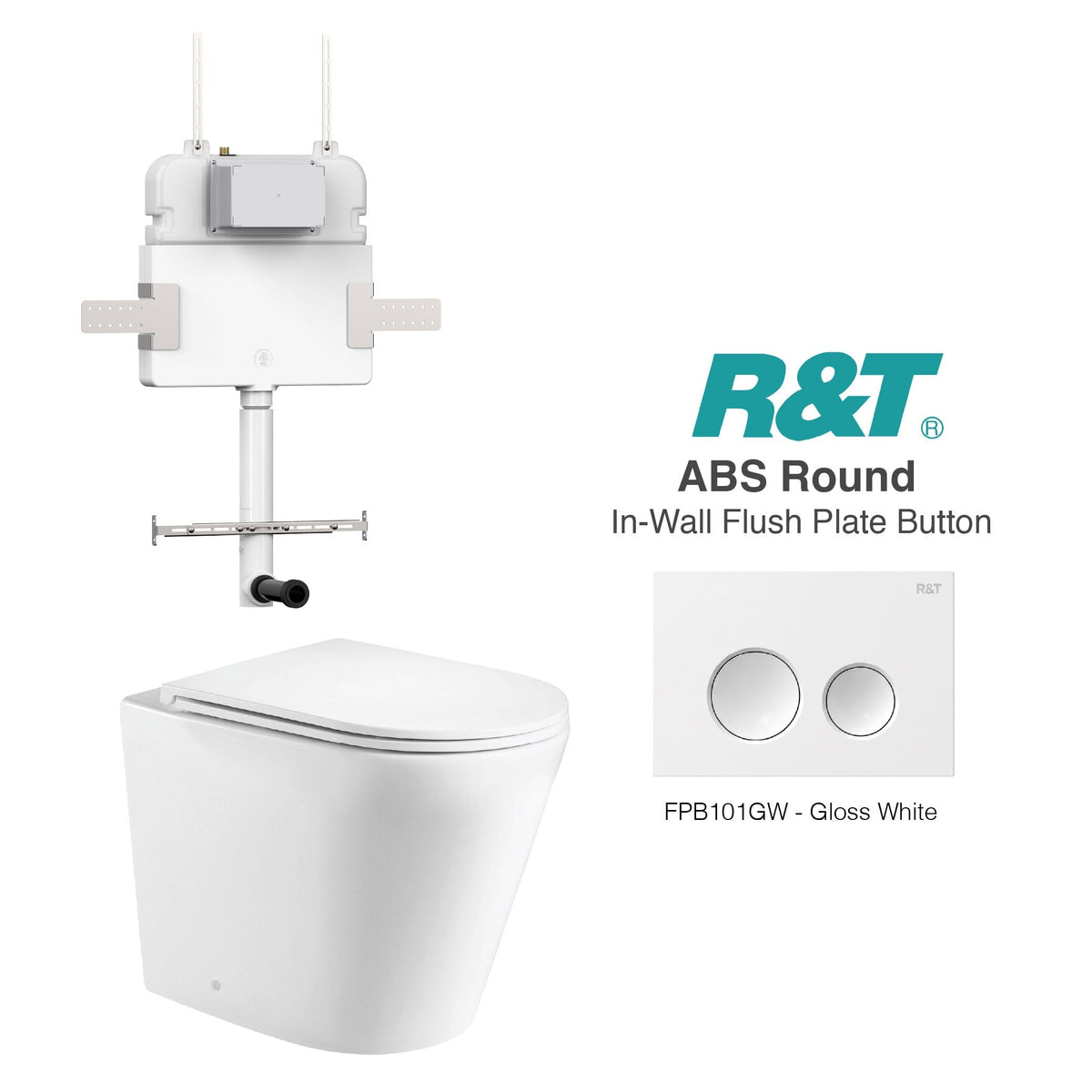 Yara58 Rimless Tornado Toilet Package - R&T Cistern & ABS Round Button Arova Yara58 CST002 – Upgraded Reinforced R&T In-Wall Toilet Cistern Gloss White