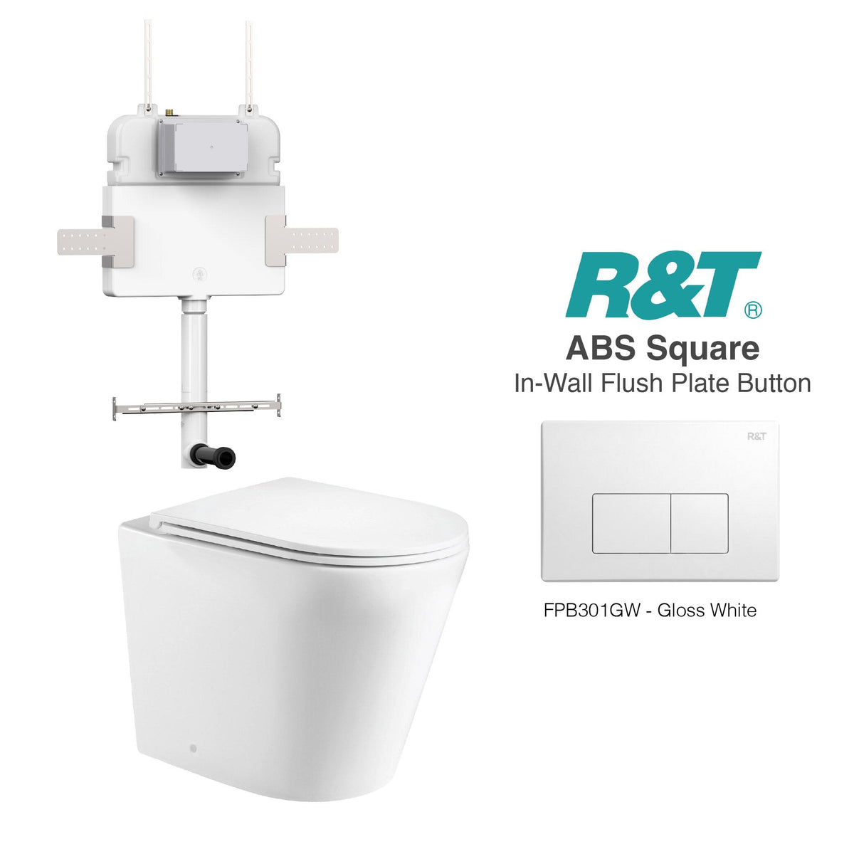Yara58 Rimless Tornado Toilet Package - R&T Cistern & ABS Square Button Arova Yara58 CST002 – Upgraded Reinforced R&T In-Wall Toilet Cistern Gloss White