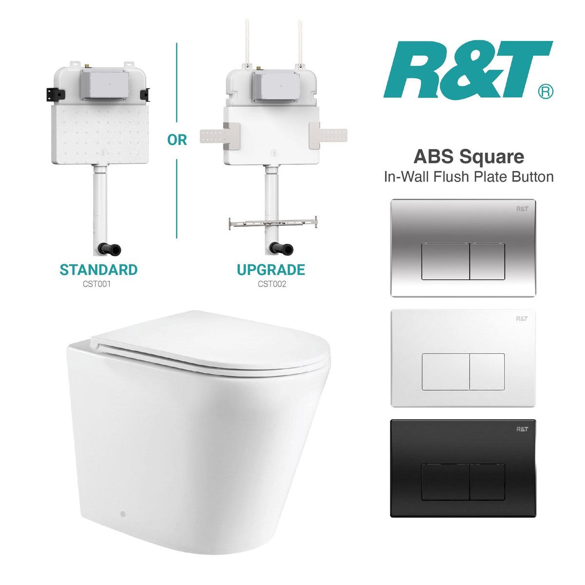 Yara58 Rimless Tornado Toilet Package - R&T Cistern & ABS Square Button Toilets Arova 