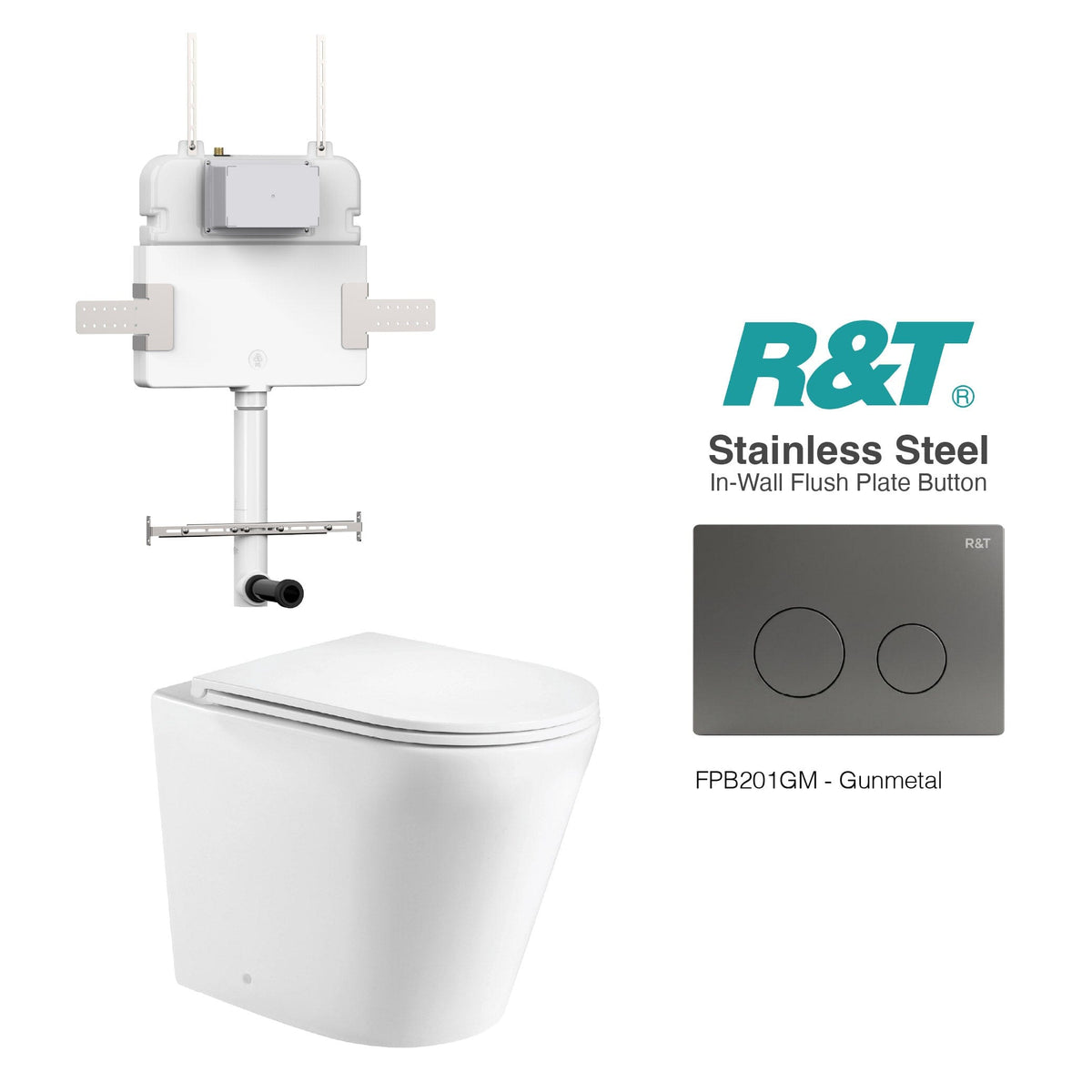 Yara58 Rimless Tornado Toilet Package - R&T Cistern & Stainless Steel Button Arova Yara58 CST002 – Upgraded Reinforced R&T In-Wall Toilet Cistern Gunmetal
