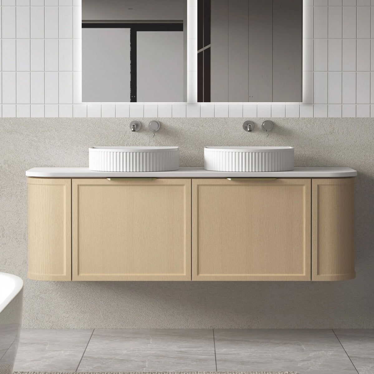 Timber Vanity Rounded 1500mm Curved Wall Hung Vanity Timber York | Arova Bathrooms – AROVA