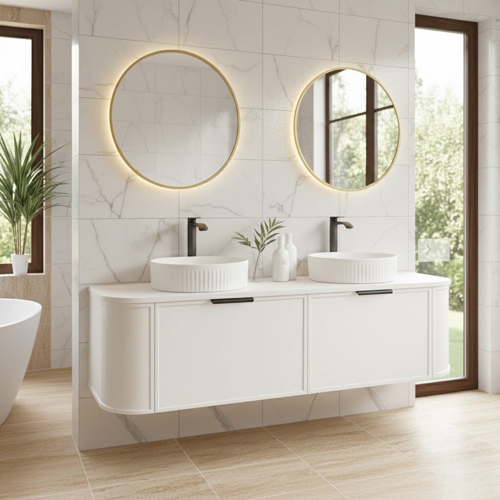 York 1500mm Curved Wall Hung Vanity Matte White Double Bowls Vanities Arova 