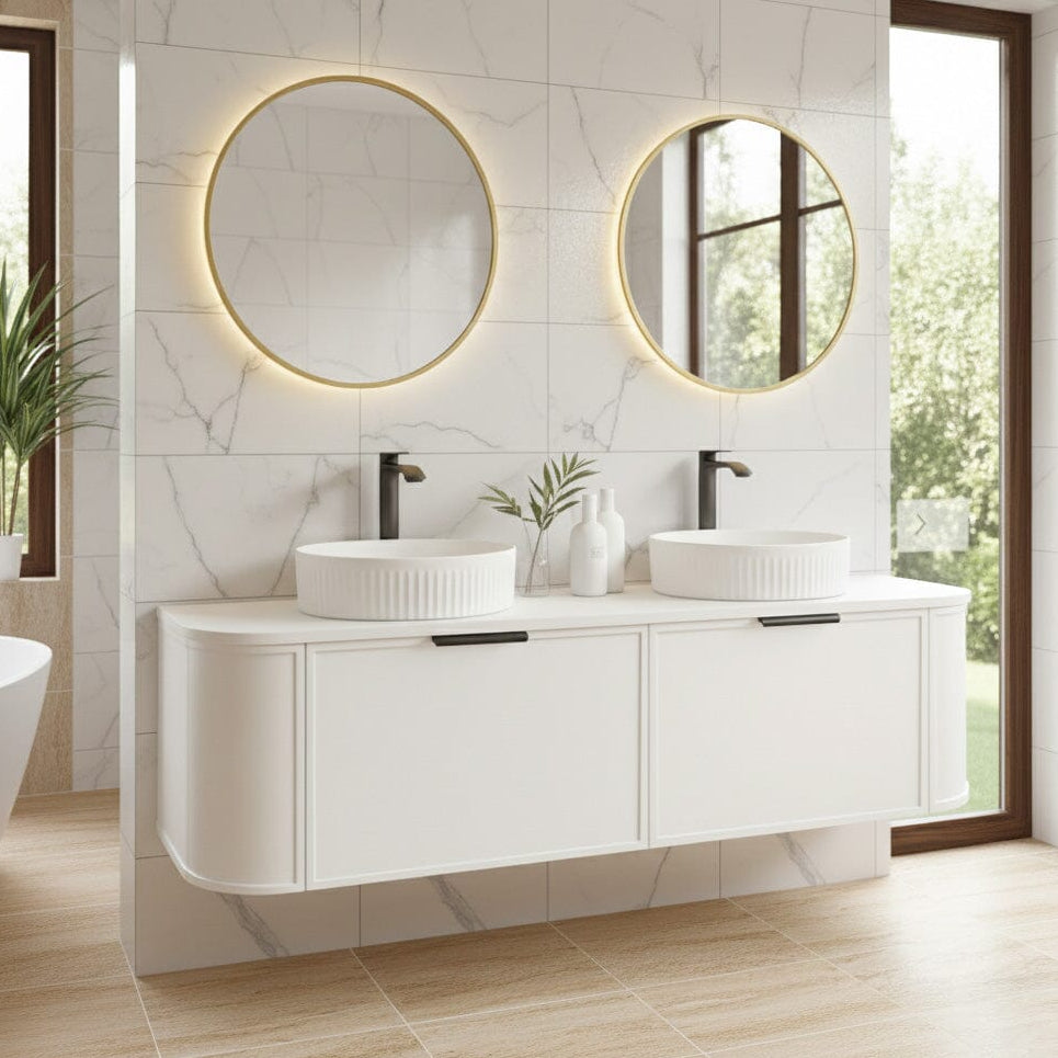 York 1500mm Curved Wall Hung Vanity Matte White Double Bowls Vanities Arova 
