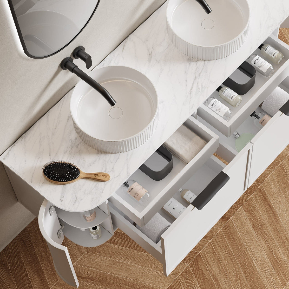 York Ⅱ 1500mm Curved Wall Hung Vanity Matte White Double Bowls + Luxe Stone Top Arova 