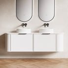 York Ⅱ 1500mm Curved Wall Hung Vanity Matte White Double Bowls + Natural Carrara Marble Top Arova 