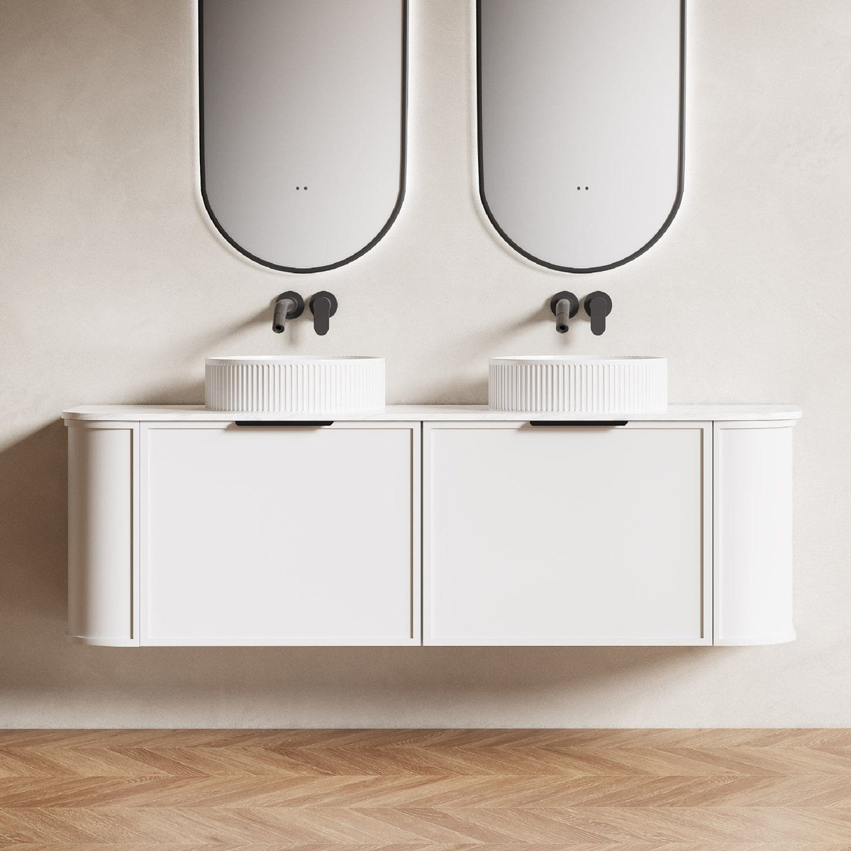 York Ⅱ 1500mm Curved Wall Hung Vanity Matte White Double Bowls + Natural Carrara Marble Top Arova 