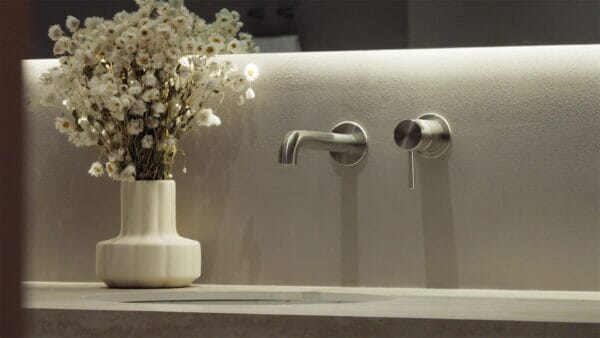 Zen SS316L Wall Basin/Bath Mixer Separate Back Plate 185/230mm Spout Brushed Gold Tapware Nero 