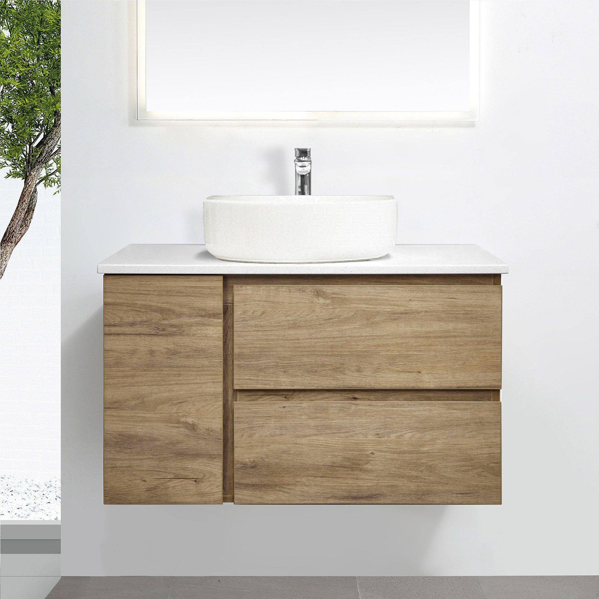ALBANY 90cm Oak Timber Wall Hung Vanity Vanities & Mirrors Arova BLISS Speckled Stone Top CB1201N-Square Gloss White Basin 