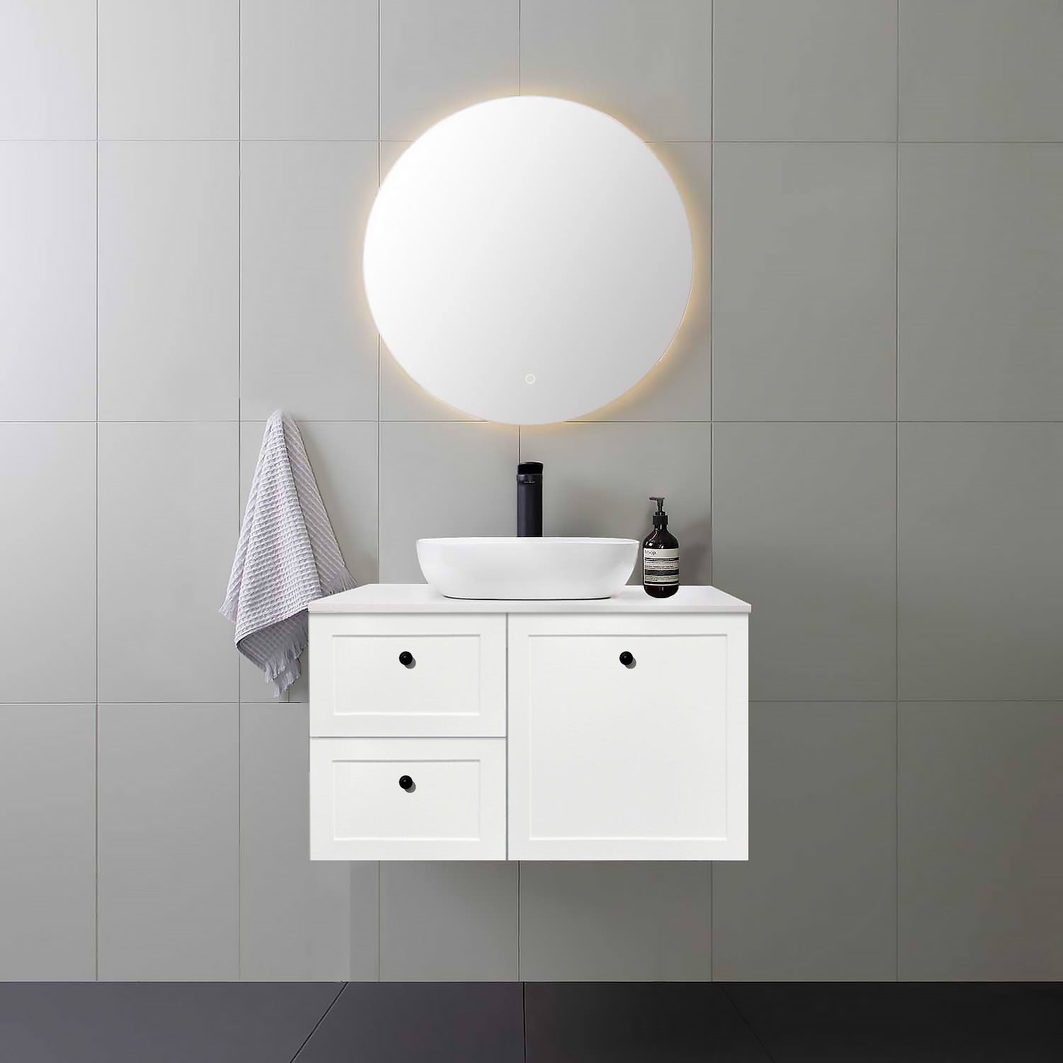 AUSTIN 90cm Wall Hung Bathroom Vanity Vanities & Mirrors Arova BLISS Speckled Stone Top Left Hand Side CB1108N-Round Gloss White Basin