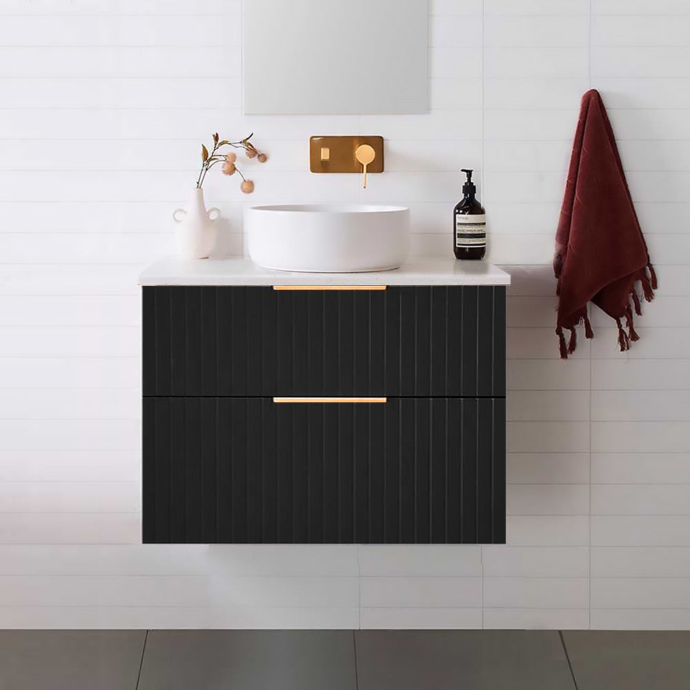 Bronte 75cm Wall Hung Bathroom Vanity - Matte Black Vanities & Mirrors Arova Bliss Quartz Stone Top CB1201N-Square Gloss White Basin 